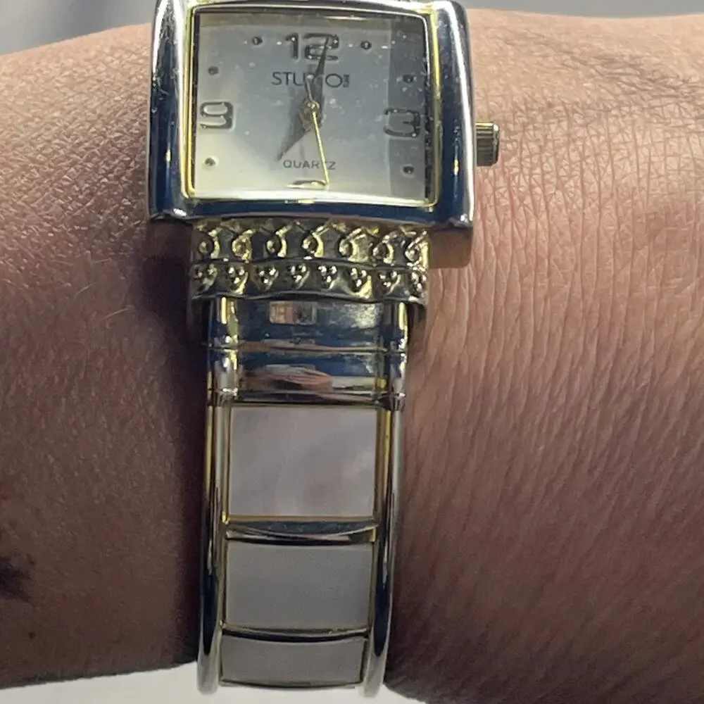 Studio Time Women’s Square Gold Tone Cuff Bangle Quartz Watch Opal Needs Battery